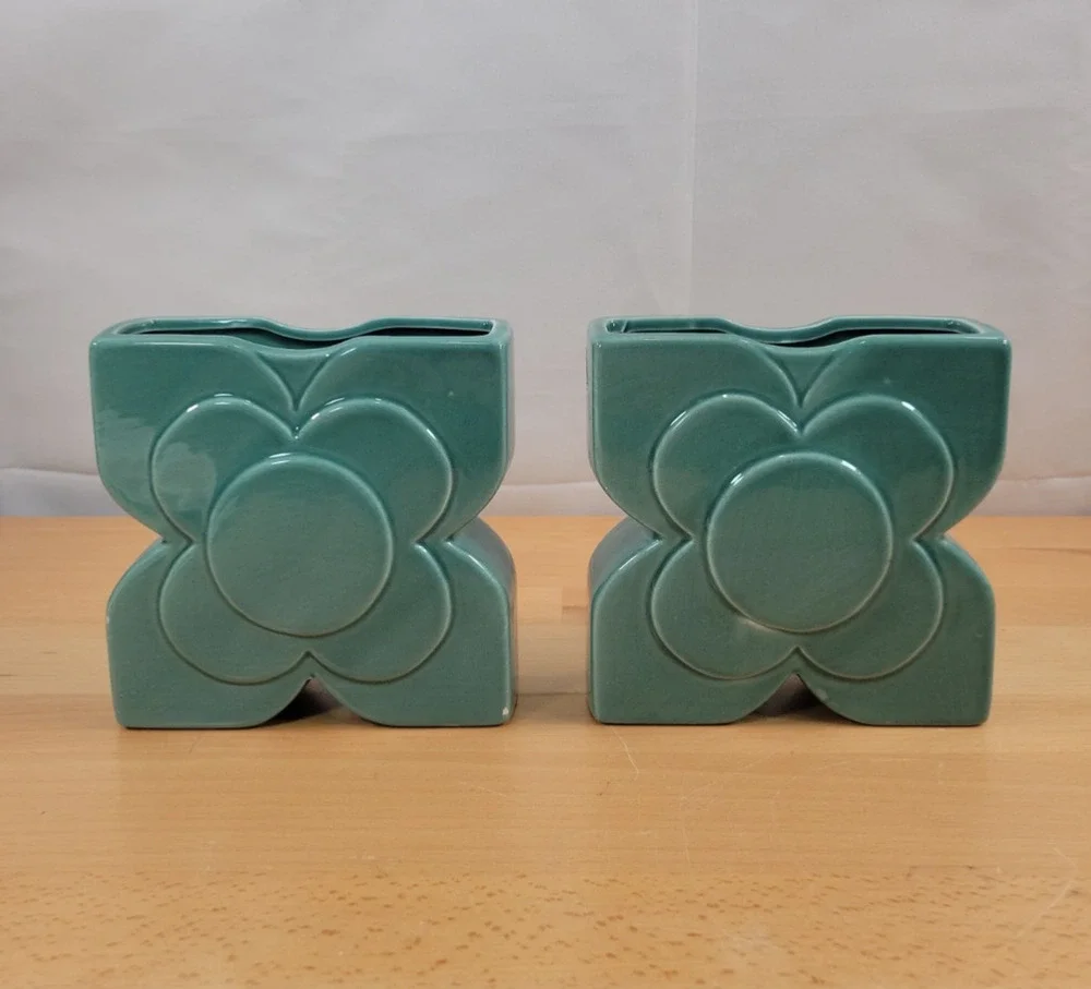 Pair Ceramic Vases Teal Blue Flower Pocket Planter 5” x 5” READ